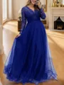 Flattering A-line V-neck Long Sleeves Tulle Floor-Length Mother of the Bride Dress with Appliques Lace