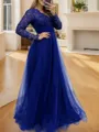 Flattering A-line V-neck Long Sleeves Tulle Floor-Length Mother of the Bride Dress with Appliques Lace