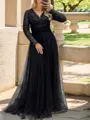 Flattering A-line V-neck Long Sleeves Tulle Floor-Length Mother of the Bride Dress with Appliques Lace