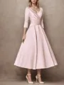 A-line Resplendent V-neck 3/4 Sleeves Satin Tea-Length Mother of the Bride Dress With Pleated