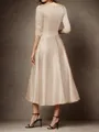 A-line Resplendent V-neck 3/4 Sleeves Satin Tea-Length Mother of the Bride Dress With Pleated