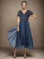 A-line Polished V-neck Short Sleeves Chiffon Asymmetrical Mother of the Bride Dress With Sequin