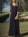 Refined A-line V-neck 3/4 Sleeves Chiffon Floor-Length Mother of the Bride Dress With Ruffles