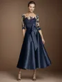 Charming A-line Illusion 3/4 Sleeves Satin Tea-Length Mother of the Bride Dress With Bow