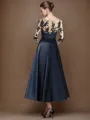 Charming A-line Illusion 3/4 Sleeves Satin Tea-Length Mother of the Bride Dress With Bow