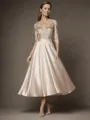 A-line Noble V-neck 3/4 Sleeves Satin Tea-Length Mother of the Bride Dress With Applique