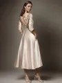 A-line Noble V-neck 3/4 Sleeves Satin Tea-Length Mother of the Bride Dress With Applique