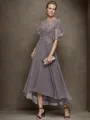 A-line Unique Bateau 1/2 Sleeves Chiffon Asymmetrical Mother of the Bride Dress With Ruffles