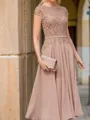 A-Line Graceful Scoop Short Sleeves Chiffon Tea-Length Mother of the Bride Dress With Appliques Lace