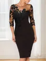 Refined Sheath/Column Scoop 3/4 Sleeves Stretch Crepe Knee-Length Mother of the Bride Dress With Appliques Lace
