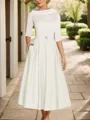 A-Line Timeless Scoop 1/2 Sleeves Satin Tea-Length Mother of the Bride Dress