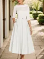 A-Line Timeless Scoop 1/2 Sleeves Satin Tea-Length Mother of the Bride Dress