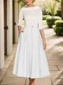 A-Line Timeless Scoop 1/2 Sleeves Satin Tea-Length Mother of the Bride Dress