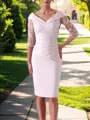 Sheath/Column Stylish V-neck 1/2 Sleeves Satin Knee-Length Mother of the Bride Dress With Appliques Lace