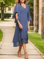 Polished A-Line V-neck Chiffon Tea-Length Mother of the Bride Dress With Appliques Lace