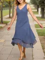 Polished A-Line V-neck Chiffon Tea-Length Mother of the Bride Dress With Appliques Lace