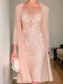 Stylish Sheath/Column Scoop 3/4 Sleeves Chiffon Knee-Length Mother of the Bride Dress With Appliques Lace