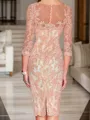 Stylish Sheath/Column Scoop 3/4 Sleeves Chiffon Knee-Length Mother of the Bride Dress With Appliques Lace