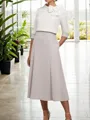 Rhythmic A-Line Scoop 1/2 Sleeves Stretch Crepe Tea-Length Mother of the Bride Dress With Bowknot