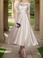Refined A-Line Scoop 1/2 Sleeves Satin Tea-Length Mother of the Bride Dress With Appliques Lace