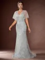 Resplendent Sheath/Column V-neck Short Sleeves Sweep Train Mother of the Bride Dress