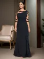 Immaculate Sheath/Column Scoop 1/2 Sleeves Chiffon Floor-Length Mother of the Bride Dress With Applique