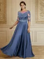 Endearing A-line Scoop 1/2 Sleeves Satin Chiffon Floor-Length Mother of the Bride Dress With Applique