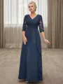 A-line Stylish V-neck 3/4 Sleeves Chiffon Floor-Length Mother of the Bride Dress With Applique