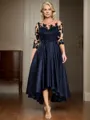 A-line Tasteful Bateau 3/4 Sleeves Satin Asymmetrical Mother of the Bride Dress With Applique