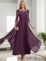 A-line Dreamy Bateau 3/4 Sleeves Ankle-Length Chiffon Mother of the Bride Dress With Appliques Lace