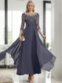 A-line Dreamy Bateau 3/4 Sleeves Ankle-Length Chiffon Mother of the Bride Dress With Appliques Lace