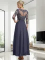 A-line Dreamy Bateau 3/4 Sleeves Ankle-Length Chiffon Mother of the Bride Dress With Appliques Lace