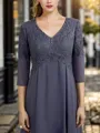 V-Neck Graceful A-line 3/4 Sleeves Appliques Lace Tea-Length Chiffon Mother of the Bride Dress
