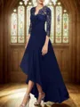 Chic A-line V-Neck 3/4 Sleeves Chiffon Asymmetrical Lace Appliques Mother of the Bride Dress