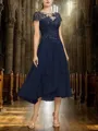Scoop A-line Flattering Short Sleeves Asymmetrical Chiffon Appliques Lace Mother of the Bride Dress