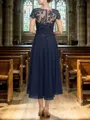Scoop A-line Flattering Short Sleeves Asymmetrical Chiffon Appliques Lace Mother of the Bride Dress