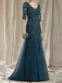 Fashion Sheath V-Neck 1/2 Sleeves Appliques Lace Sweep Train Tulle Mother of the Bride Dress