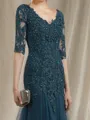 Fashion Sheath V-Neck 1/2 Sleeves Appliques Lace Sweep Train Tulle Mother of the Bride Dress