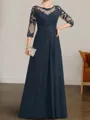 Glam A-line Bateau 3/4 Sleeves Appliques Lace Floor-Length Chiffon Mother of the Bride Dress