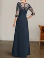 Glam A-line Bateau 3/4 Sleeves Appliques Lace Floor-Length Chiffon Mother of the Bride Dress