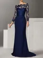 Pretty Sheath Bateau Long Sleeves Appliques Lace Sweep Train Stretch Crepe Mother of the Bride Dress