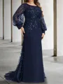 Elegant Sheath Scoop Long Sleeves Appliques Lace Sweep Train Chiffon Mother of the Bride Dress