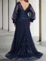 Elegant Sheath Scoop Long Sleeves Appliques Lace Sweep Train Chiffon Mother of the Bride Dress
