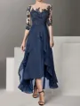 Unique A-line Bateau 1/2 Sleeves Appliques Lace Asymmetrical Chiffon Mother of the Bride Dress