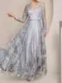 Regal A-line V-Neck Long Sleeves Ruffles Floor-Length Lace Mother of the Bride Dress