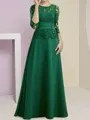 Understated A-line Scoop 3/4 Sleeves Appliques Lace Floor-Length Chiffon Mother of the Bride Dress