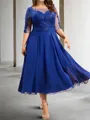 Noble A-line Bateau 1/2 Sleeves Appliques Lace Tea-Length Chiffon Mother of the Bride Dress