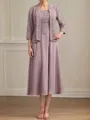 Unique A-line Square 3/4 Sleeves Ruffles Tea-Length Chiffon Mother of the Bride Dress