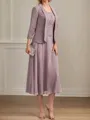 Unique A-line Square 3/4 Sleeves Ruffles Tea-Length Chiffon Mother of the Bride Dress
