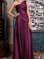 Refined A-line One-Shoulder Pleated Floor-Length Silk Like Satin Mother of the Bride Dress